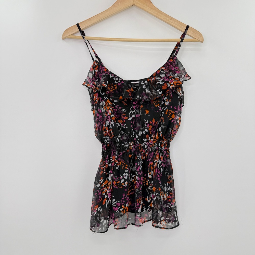 Candies Floral Cami Top Ruffle‎ Trim Sheer Overlay Blouse Summer Small FLAWS - Picture 2 of 10